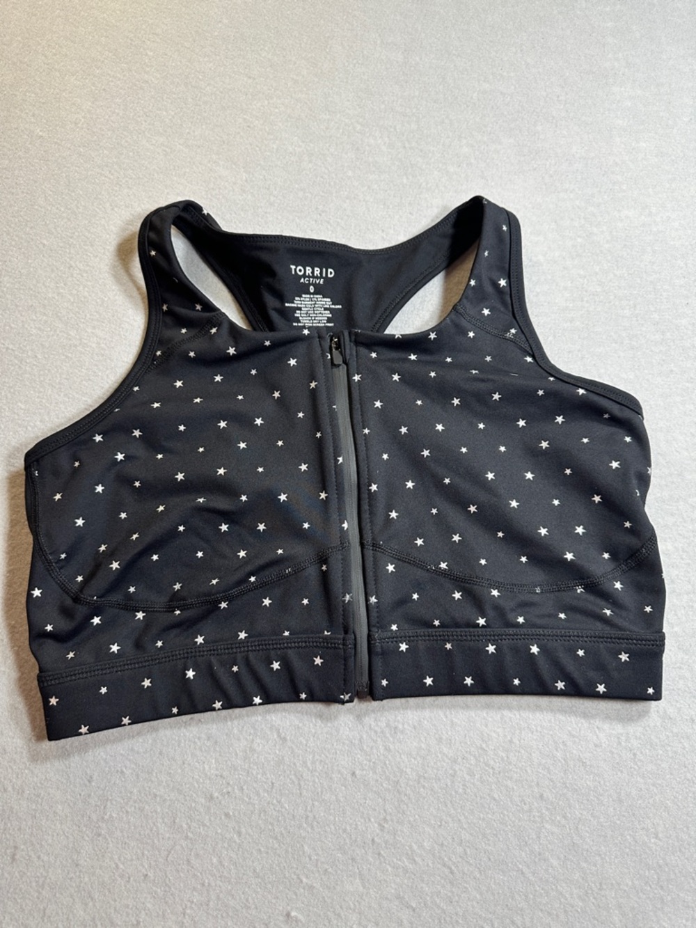 Torrid Active Sports Bra Size 0 12 Large Black Star Print Zip Front Wicking
